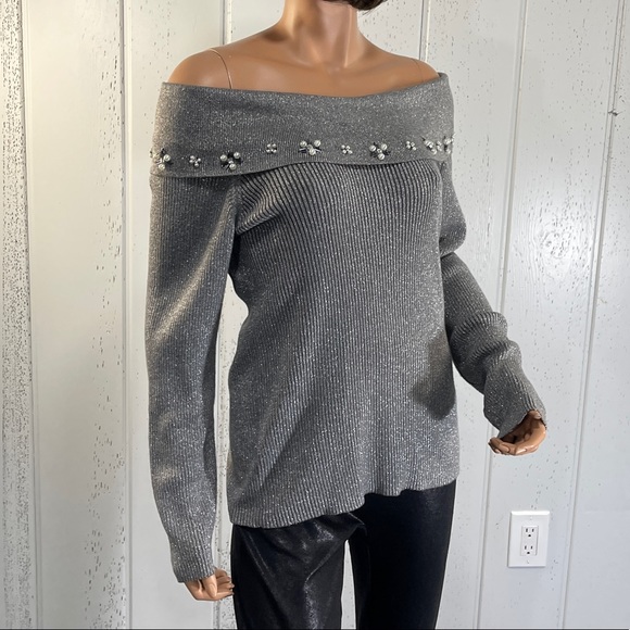 *Lauren Michelle Women’s Grey Off The Shoulder Sweater Sz L - Picture 9 of 13